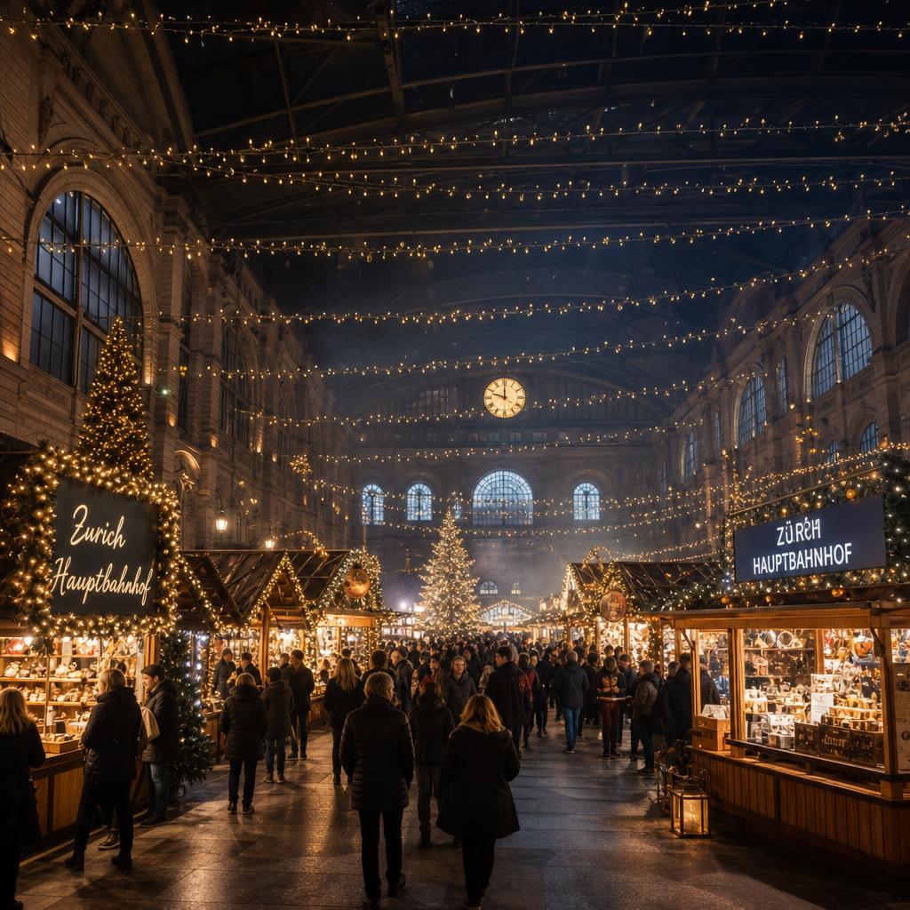 Weihnachtlich beleuchteter Polarzauber in der grossen Bahnhofshalle des Zürich Hauptbahnhofs
